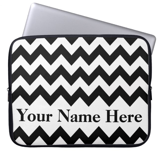 Zwarte Vette Chevron met aanpasbare tekst Laptop Sleeve (Voorkant)