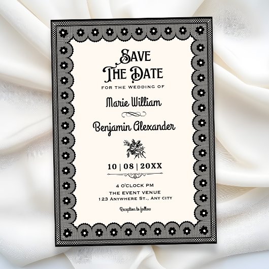 Zwarte victoriaanse kanten bruiloft save the date