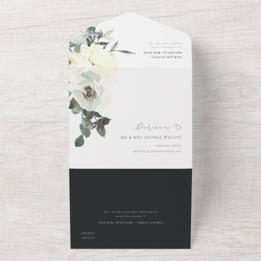 ZWARTE VIERENDE WITTE WATERVERF BUNCH WEDING ALL IN ONE UITNODIGING (Buitenkant)