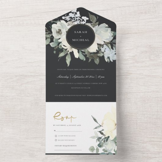 ZWARTE VIERENDE WITTE WATERVERF BUNCH WEDING ALL IN ONE UITNODIGING (Binnen)