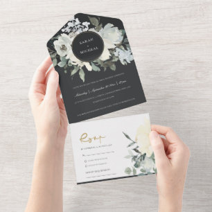 ZWARTE VIERENDE WITTE WATERVERF BUNCH WEDING ALL IN ONE UITNODIGING