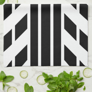 Zwarte vierhoekige strepen op wit met monogram theedoek