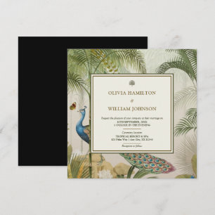 Zwarte Vierkante Tropische Pauw Palm Wedding Kaart