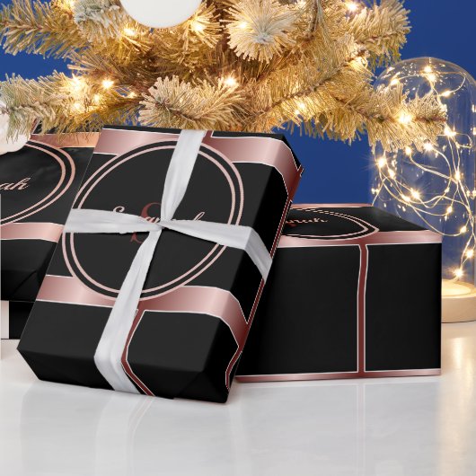 Zwarte vierkantjes en Roos gouden strips Cadeaupapier (Feestdagen)