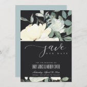 ZWARTE VIERWITTE AQUA FLORAL WATERVERF BUNCH SAVE THE DATE (Voorkant / Achterkant)