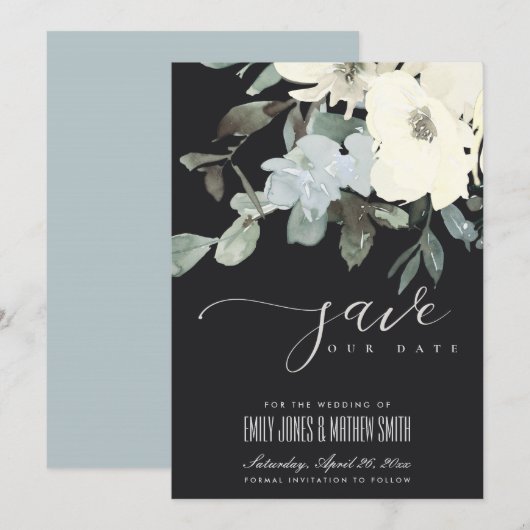ZWARTE VIERWITTE AQUA FLORAL WATERVERF BUNCH SAVE THE DATE (Voorkant / Achterkant)