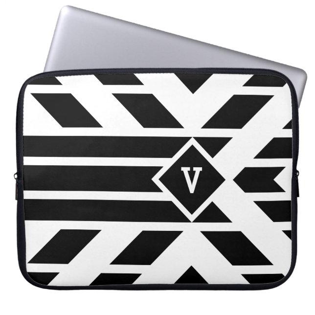 Zwarte vierzijdige strepen op wit met monogram laptop sleeve (Voorkant)