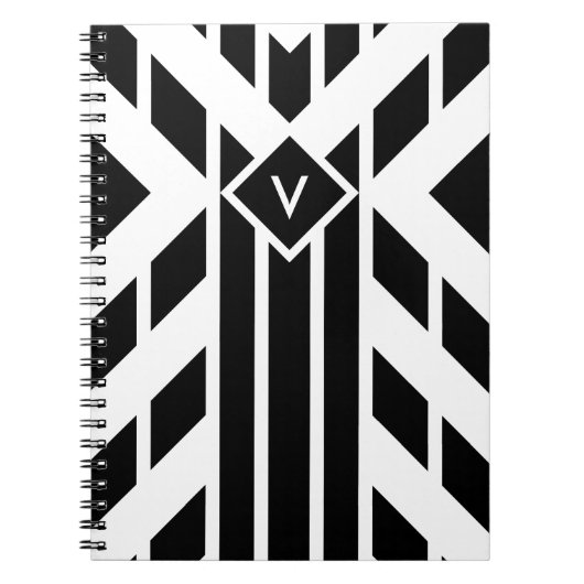 Zwarte vierzijdige strepen op wit met monogram notitieboek (Voorkant)