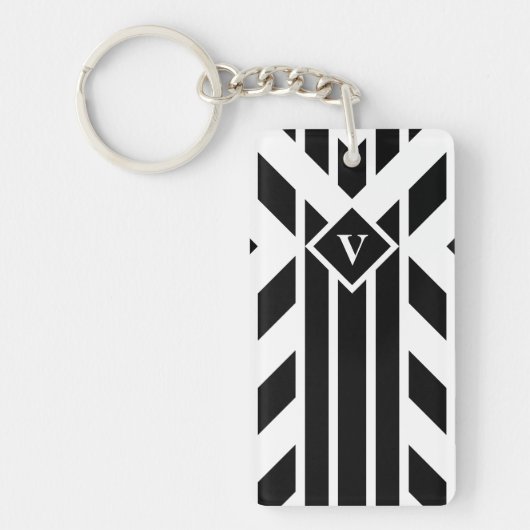 Zwarte vierzijdige strepen op wit met monogram sleutelhanger (Voorkant)