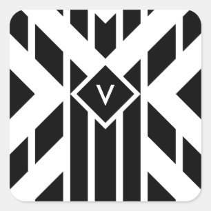 Zwarte vierzijdige strepen op wit met monogram vierkante sticker