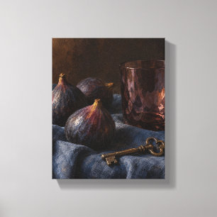 Zwarte Vijgen, Gerookt Glas en een Messing Sleutel Canvas Afdruk