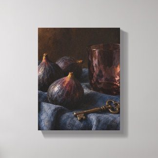 Zwarte Vijgen, Gerookt Glas en een Messing Sleutel Canvas Afdruk