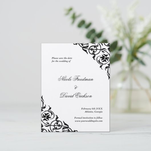 Zwarte vilt formele bruiloft met de platte datumka save the date (Staand voorkant)