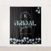 Zwarte Vintage Blauwe Aquarel Bloemrijke Bruidsdou Wandkleed (Voorkant)