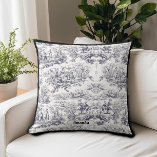 Zwarte Vintage Bloem Toile de Jouy Monogram Kussen