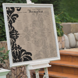 Zwarte vintage damast bruin papier zitplaatskaart poster
