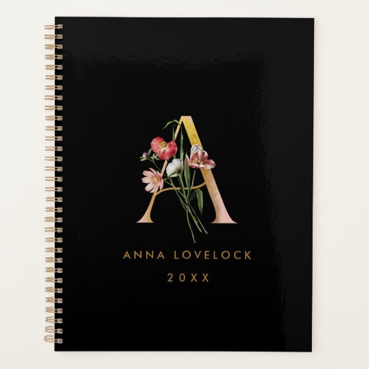 Zwarte Vintage Floral & Gold Monogram Letter A Planner (Voorkant)