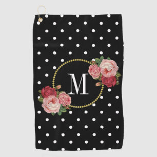 Zwarte Vintage Floral Polka Dots Rozen Fun Monogra Golfhanddoek