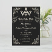 Zwarte vintage gotische boog bruiloft save the date (Staand voorkant)