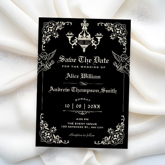 Zwarte vintage gotische boog bruiloft save the date