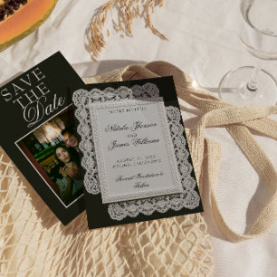 Zwarte Vintage Hoge Huwelijksfoto met Kant Save The Date