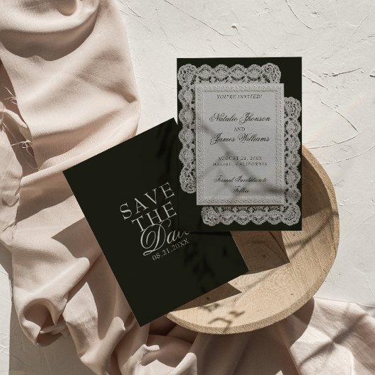 Zwarte Vintage Kant Geld Huwelijk Save The Date