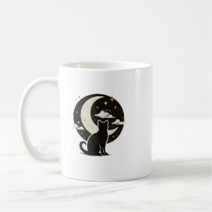 Zwarte Vintage Kat Onder Halve Maan Minimalistis Koffiemok