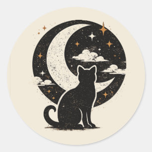 Zwarte Vintage Kat Onder Halve Maan Minimalistis Ronde Sticker