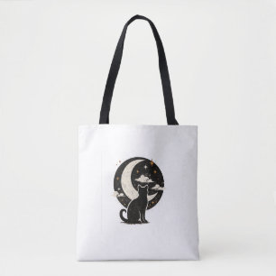Zwarte Vintage Kat Onder Halve Maan Minimalistis Tote Bag