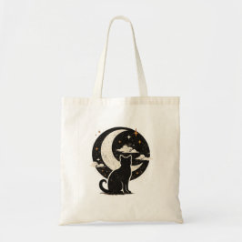 Zwarte Vintage Kat Onder Halve Maan | Minimalistis Tote Bag