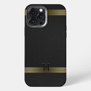 Zwarte Vintage Leer Textuur Gouden Strepen iPhone 13 Pro Max Hoesje