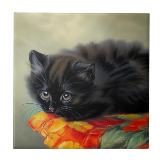 Zwarte Vintage Poes met Rode Bloem Dekbed Tegeltje (Voorkant)