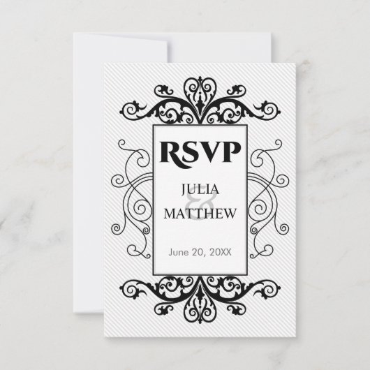 Zwarte Vintage Wervelingen RSVP Kaart (Voorkant)