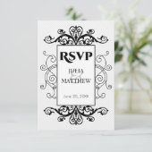 Zwarte Vintage Wervelingen RSVP Kaart (Staand voorkant)