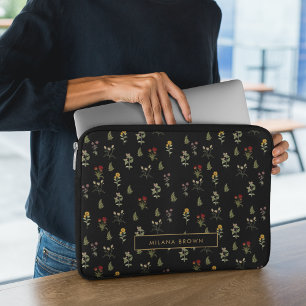 Zwarte Vintage Wildflower Bloempatroon Gouden Naam Laptop Sleeve