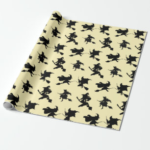 Zwarte Vliegende Heksen Bezem Silhouet Halloween Cadeaupapier