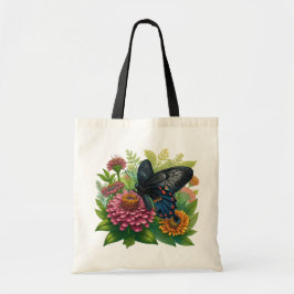Zwarte vlinder die geniet van een roze Zinnia tuss Tote Bag