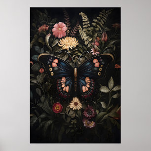 Zwarte vlinder in donkere bloementuin, sombere mot poster
