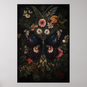 Zwarte Vlinder In Donkere Bloementuin, Sombere Mot Poster