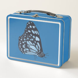 Zwarte vlinder met blauwe stippen, metalen lunchbo