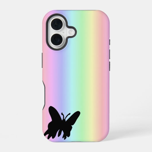Zwarte vlinder op pastel regenboog iPhone 16 hoesje (Achterkant)