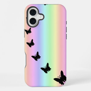 Zwarte vlinder op pastel regenboog iPhone 16 plus hoesje
