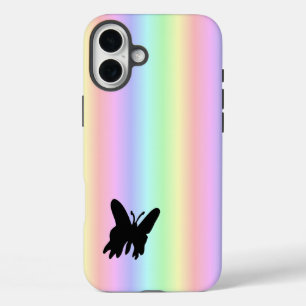 Zwarte vlinder op Pastell Rainbow iPhone 16 Plus Hoesje