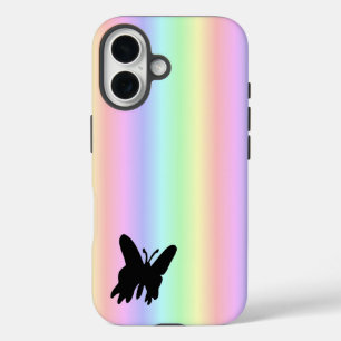 Zwarte vlinder op Pastell Rainbow iPhone 16 Hoesje