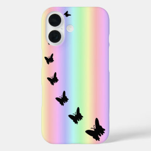 Zwarte vlinder op Pastell Rainbow iPhone 16 Hoesje