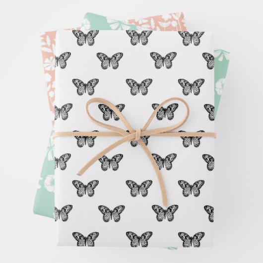 Zwarte Vlinder Pastel Bloemen Inpakpapier Vel (In situ)