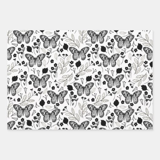Zwarte vlinder pastel bloemen inpakpapier vel (Voorkant)