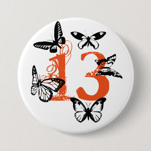 Zwarte vlinders op de oranje knop '13'. ronde button 7,6 cm