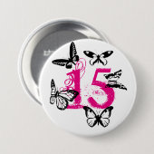 Zwarte vlinders op de roze '15' knop. ronde button 7,6 cm (Voorkant /achterkant)