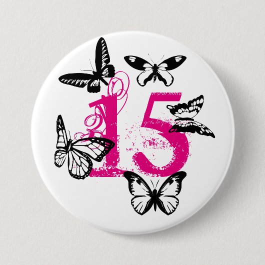 Zwarte vlinders op de roze '15' knop. ronde button 7,6 cm (Voorkant)